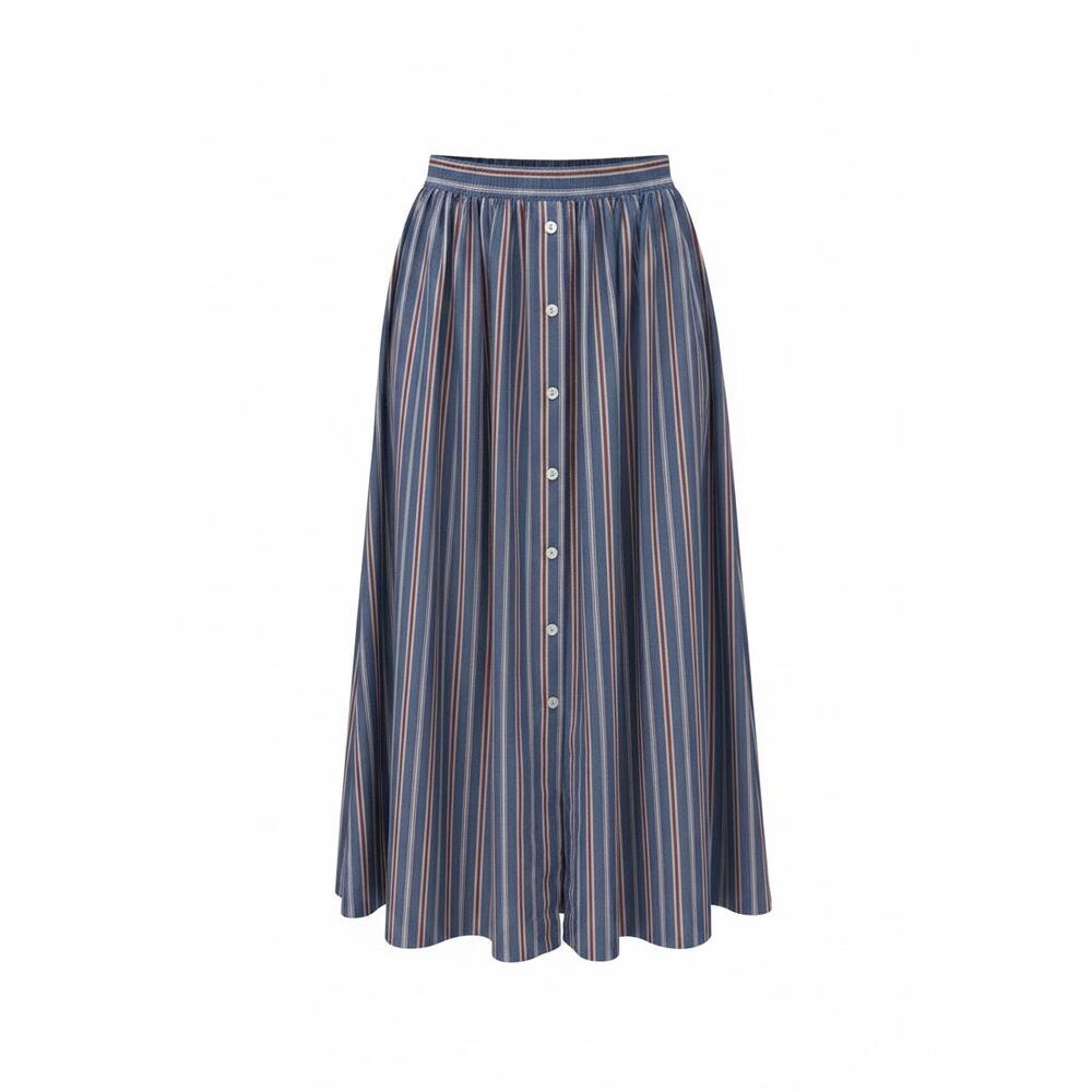 Lanz Originals Blue Striped Midi Skirt Vintage Made USA Button Front Elastic
